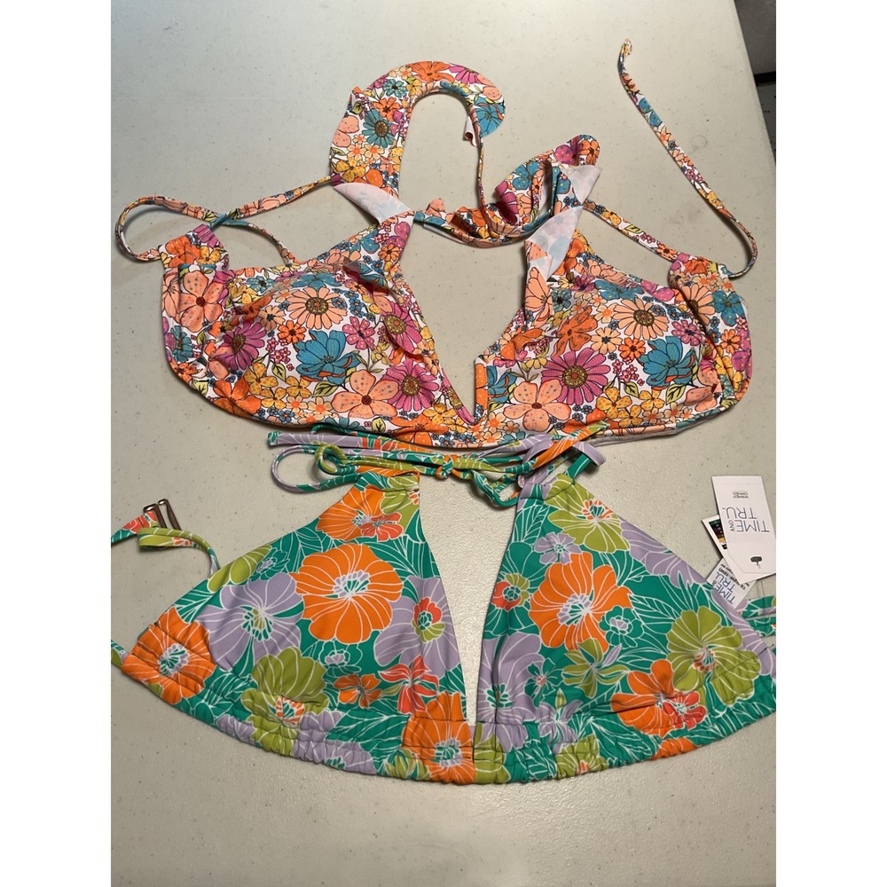Time and Tru Womens 1X 16W-18W Floral Bikini Top Set 2 Pack Multicolor Retro